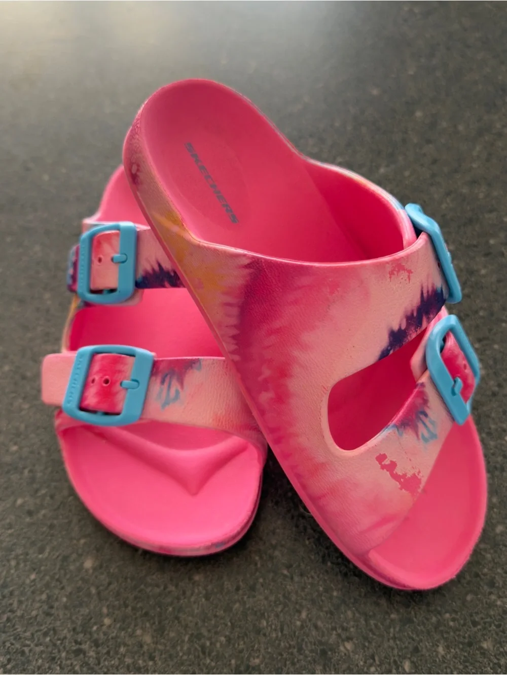 Skechers Pink Tie-Dye Slide Sandals with Blue Buckles 1